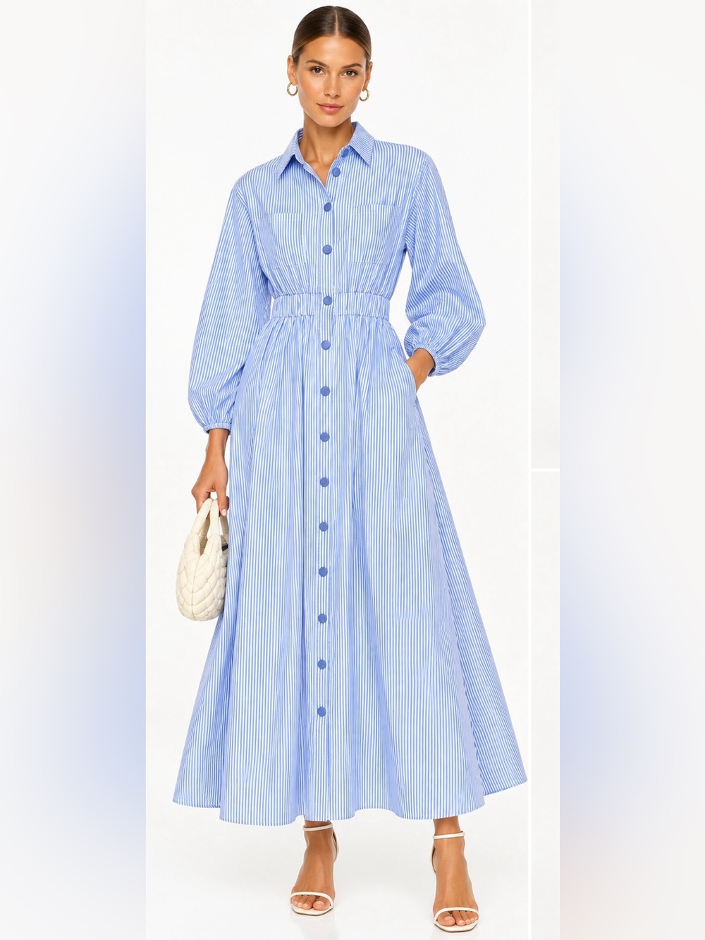 Blue White Striped Button Front Maxi Shirt Dress Elastic Waist